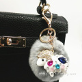 Colored Genuine Rabbit Fur Pom Ball Crystal Pendant Keychain